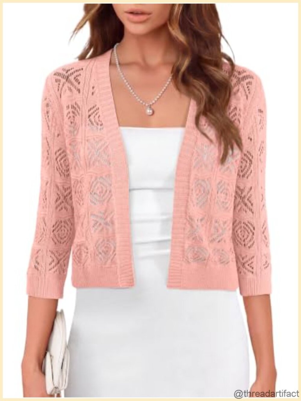 Crochet Knit Shrug Cardigan Open Front 3/4 Sleeve Cropped Bolero